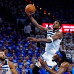May 28, 2025; Oklahoma City, Oklahoma, USA; Minnesota Timberwolves guard Anthony Edwards (5) shoots the ball againts Oklahoma City Thunder forward Jaylin Williams (6) during the second quarter in game five of the western conference finals for the 2025 NBA Playoffs at Paycom Center.