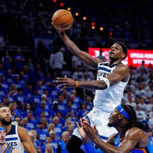 May 28, 2025; Oklahoma City, Oklahoma, USA; Minnesota Timberwolves guard Anthony Edwards (5) shoots the ball againts Oklahoma City Thunder forward Jaylin Williams (6) during the second quarter in game five of the western conference finals for the 2025 NBA Playoffs at Paycom Center.