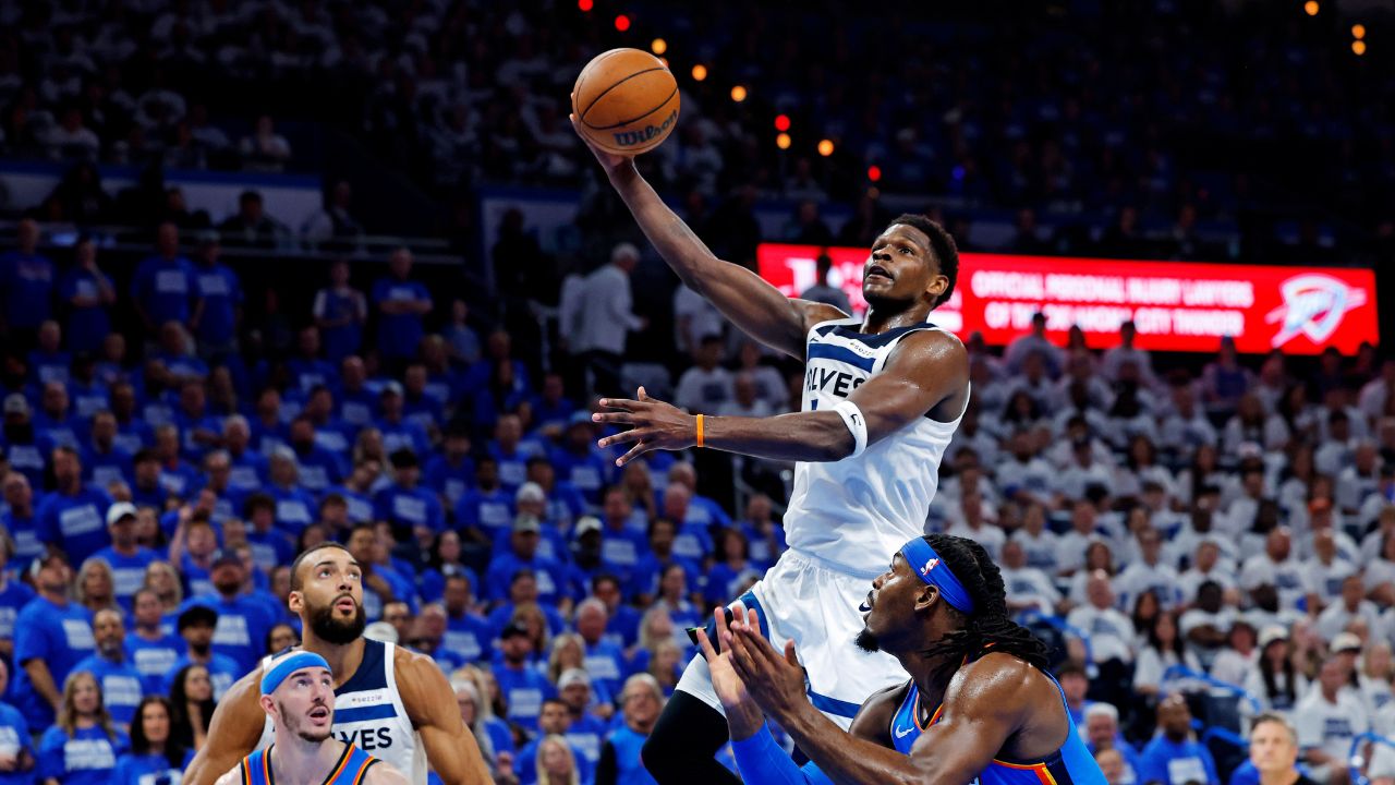 May 28, 2025; Oklahoma City, Oklahoma, USA; Minnesota Timberwolves guard Anthony Edwards (5) shoots the ball againts Oklahoma City Thunder forward Jaylin Williams (6) during the second quarter in game five of the western conference finals for the 2025 NBA Playoffs at Paycom Center.