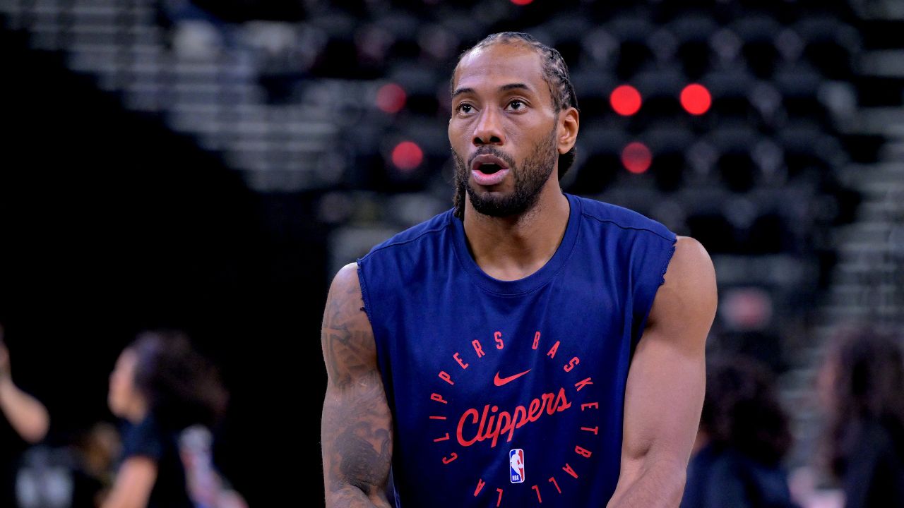 Los Angeles Clippers forward Kawhi Leonard (2) warms up prior to game four of round one of the 2024 NBA Playoffs at Intuit Dome.