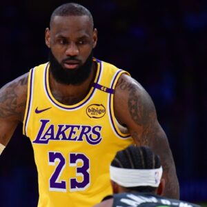 Los Angeles Lakers forward LeBron James (23) controls the ball against Minnesota Timberwolves guard Nickeil Alexander-Walker (9) during the first half in game five of first round for the 2025 NBA Playoffs at Crypto.com Arena.
