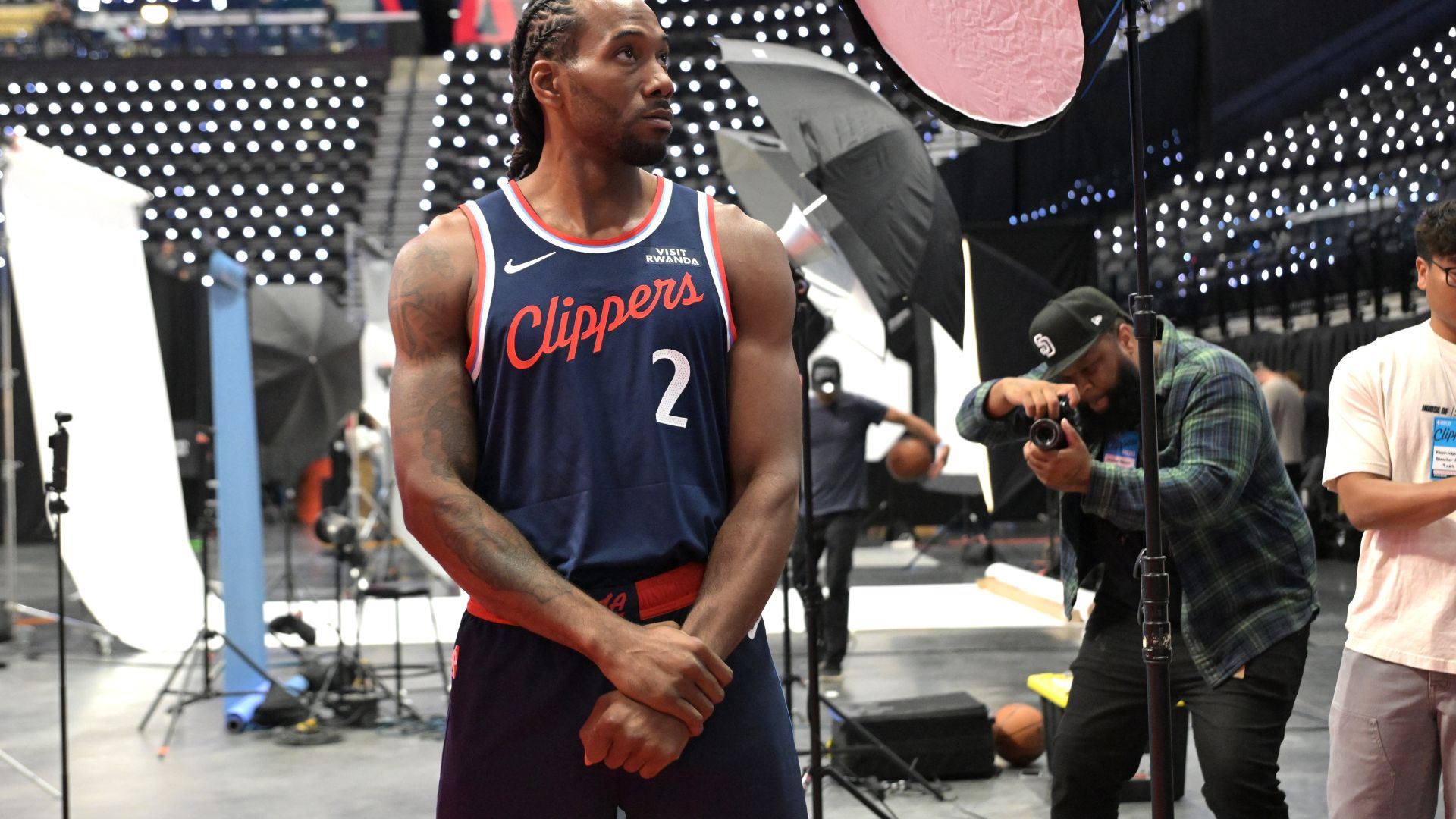 Sep 29, 2025; Inglewood, CA, USA; Los Angeles Clippers forward Kawhi Leonard (2) poses during media day at Intuit Dome.
