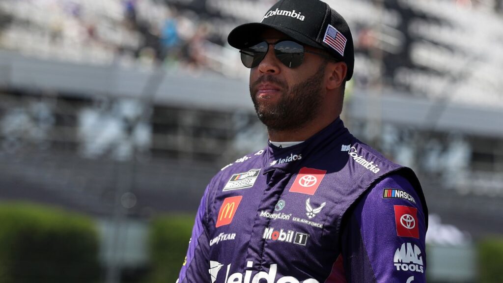 NASCAR Cup Series driver Bubba Wallace walks on pit road prior to practice and qualifying for the The Great American Getaway 400 at Pocono Raceway.
