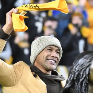 Pittsburgh Steelers former safety Troy Polamalu acknowledges fans during halftime against the Seattle Seahawks at Heinz Field. Polamalu was recognized for his induction into the Pro Football Hall of Fame.
