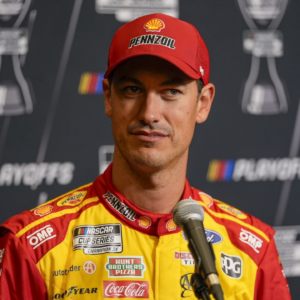 Aug 27, 2025; Charlotte, NC, USA; Joey Logano answers questions from the media during NASCAR Cup Series Playoff Media Day at Charlotte Convention Center. Mandatory Credit: Jim Dedmon-Imagn Images
