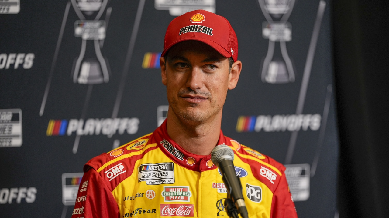 Aug 27, 2025; Charlotte, NC, USA; Joey Logano answers questions from the media during NASCAR Cup Series Playoff Media Day at Charlotte Convention Center. Mandatory Credit: Jim Dedmon-Imagn Images