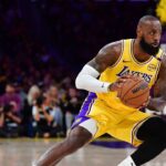 Los Angeles Lakers forward LeBron James (23) controls the ball against the Minnesota Timberwolves during the first half in game five of first round for the 2025 NBA Playoffs at Crypto.com Arena.