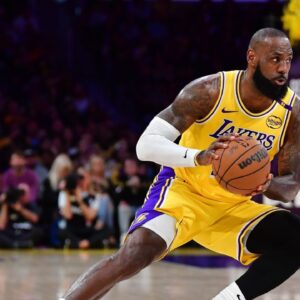 Los Angeles Lakers forward LeBron James (23) controls the ball against the Minnesota Timberwolves during the first half in game five of first round for the 2025 NBA Playoffs at Crypto.com Arena.