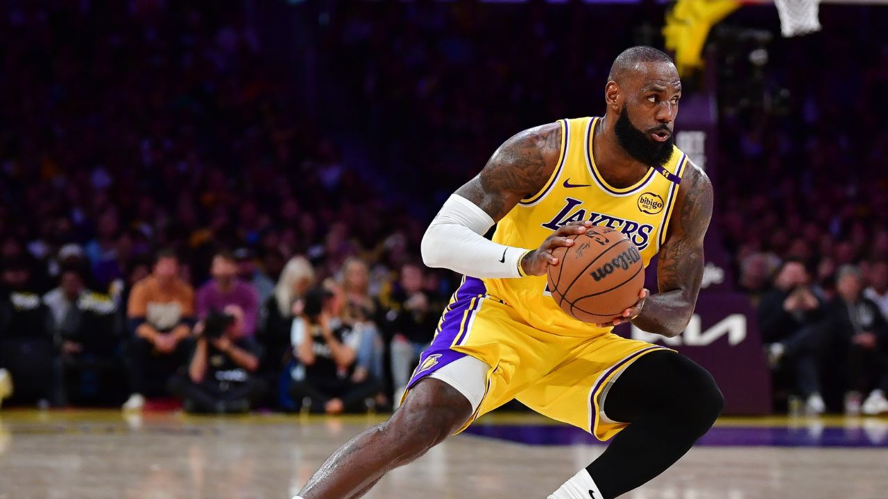 Los Angeles Lakers forward LeBron James (23) controls the ball against the Minnesota Timberwolves during the first half in game five of first round for the 2025 NBA Playoffs at Crypto.com Arena.