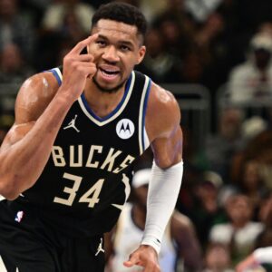 Nov 22, 2024; Milwaukee, Wisconsin, USA; Milwaukee Bucks forward Giannis Antetokounmpo (34) reacts in the second quarter against the Indiana Pacers at Fiserv Forum