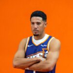 Sep 24, 2025; Phoenix, AZ, USA; Phoenix Suns guard Devin Booker (1) poses for portrait during Media Day at PHX Arena. Mandatory Credit: Mark J. Rebilas-Imagn Images