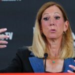 Oct 3, 2025; Las Vegas, Nevada, USA; WNBA Commissioner Cathy Engelbert talks during a presser before the start of game one of the 2025 WNBA Finals between the Phoenix Mercury and the Las Vegas Aces at Michelob Ultra Arena.