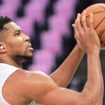 Oct 28, 2025; Milwaukee, Wisconsin, USA; Milwaukee Bucks forward Giannis Antetokounmpo (34) warms up before game against the New York Knicks at Fiserv Forum