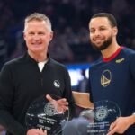Golden State Warriors head coach Steve Kerr and guard Stephen Curry (30) are recognized as the USA Basketball head coach and male athlete of the year before the start of the game against the Oklahoma City Thunder at the Chase Center.