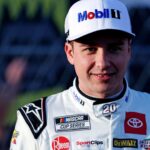 Feb 1, 2025; WInston-Salem, North Carolina, USA; NASCAR Cup Series driver Christopher Bell (20) films a preview video before practice for the Clash at Bowman Gray at Bowman Gray Stadium.