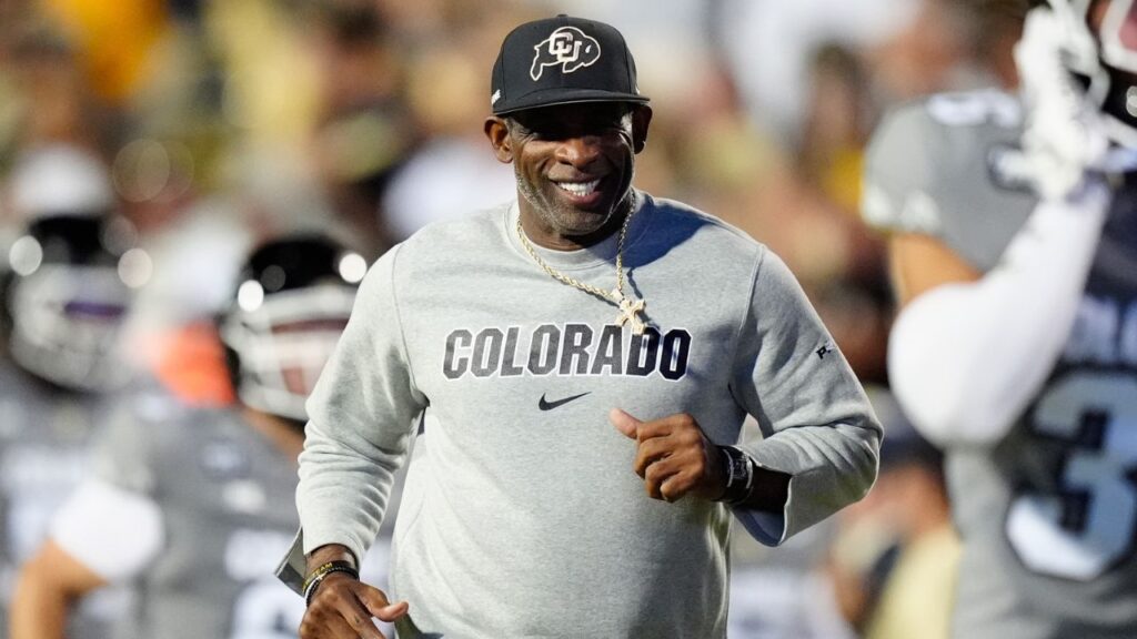 Colorado Buffaloes head coach Deion Sanders reacts before the game against the Brigham Young Cougars at Folsom Field.