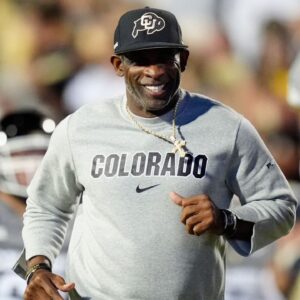 Colorado Buffaloes head coach Deion Sanders reacts before the game against the Brigham Young Cougars at Folsom Field.