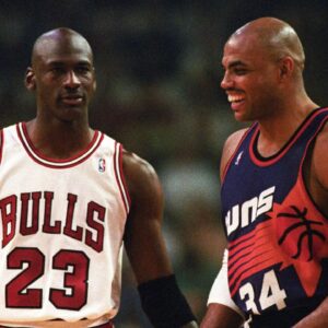 Bulls guard Michael Jordan and Suns forward Charles Barkley face off in the 1993 NBA Finals.
