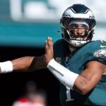 Philadelphia Eagles quarterback Jalen Hurts (1) passes against the Denver Broncos in the second quarter at Lincoln Financial Field.