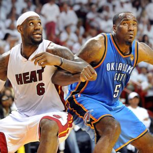 Game 3: Miami Heat vs. Oklahoma City Thunder Miami Heat s LeBron James and Oklahoma City Thunder s Kendrick Perkins battle for rebounding position