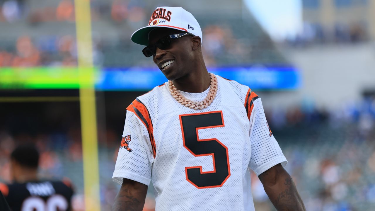 Former Cincinnati Bengals wide receiver Chad Johnson walks on the field prior to a game against the Detroit Lions at Paycor Stadium.
