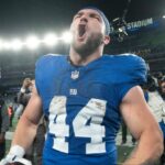 New York Giants running back Cam Skattebo (44) screams after winning a Thursday Night Football game between the New York Giants and the Philadelphia Eagles at MetLife Stadium in East Rutherford on Oct. 9, 2025.