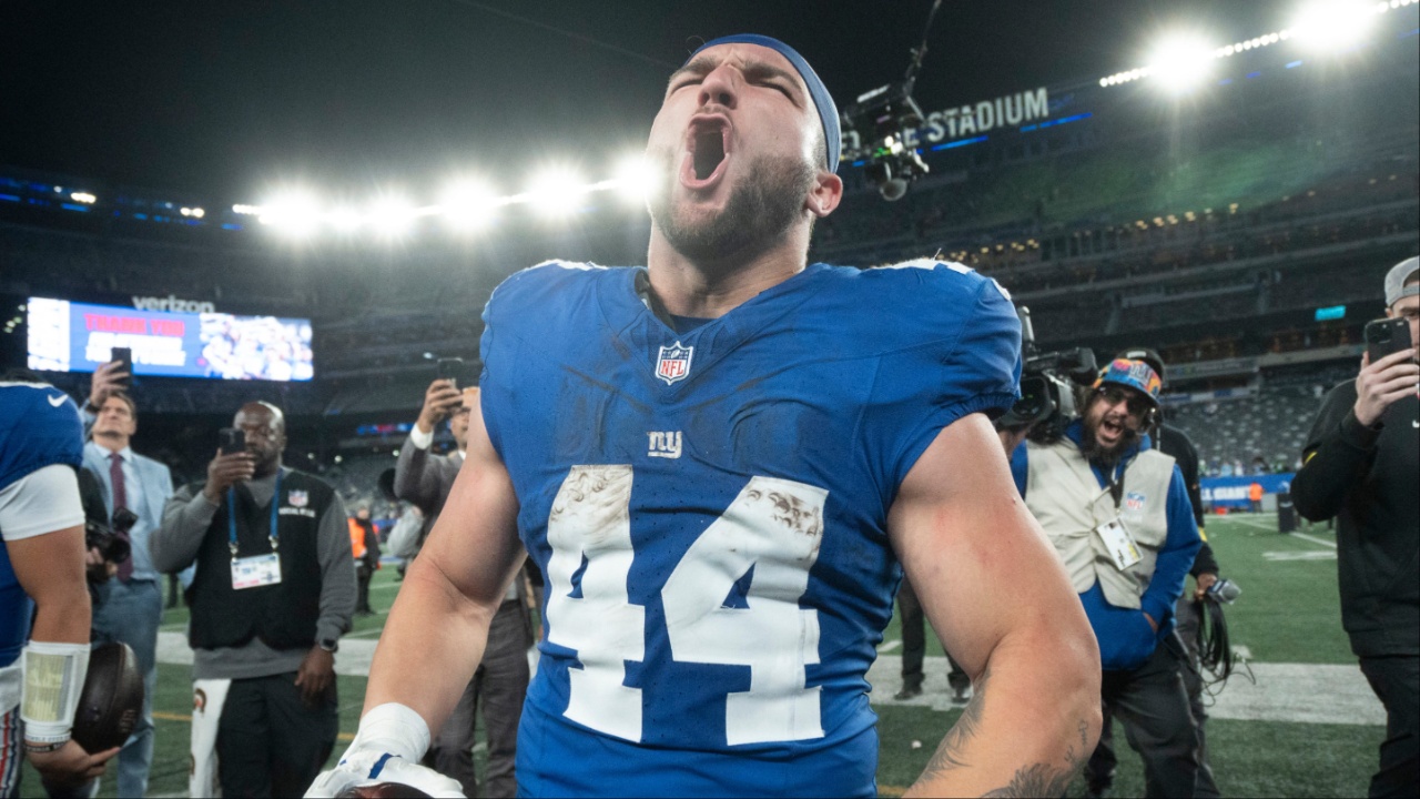 New York Giants running back Cam Skattebo (44) screams after winning a Thursday Night Football game between the New York Giants and the Philadelphia Eagles at MetLife Stadium in East Rutherford on Oct. 9, 2025.