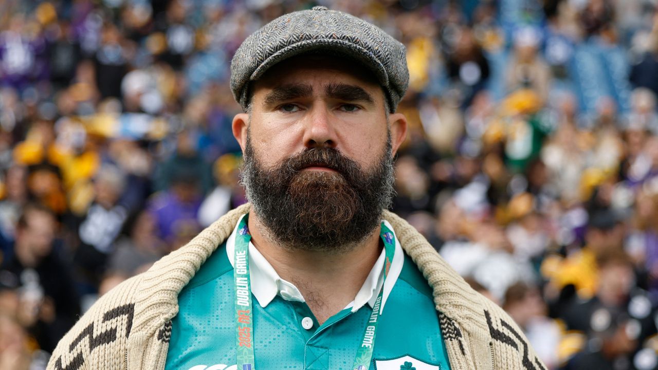 Dublin, IRELAND; Former american football center Jason Kelce before a NFL International Series game between the Minnesota Vikings and Pittsburgh Steelers at Croke Park.