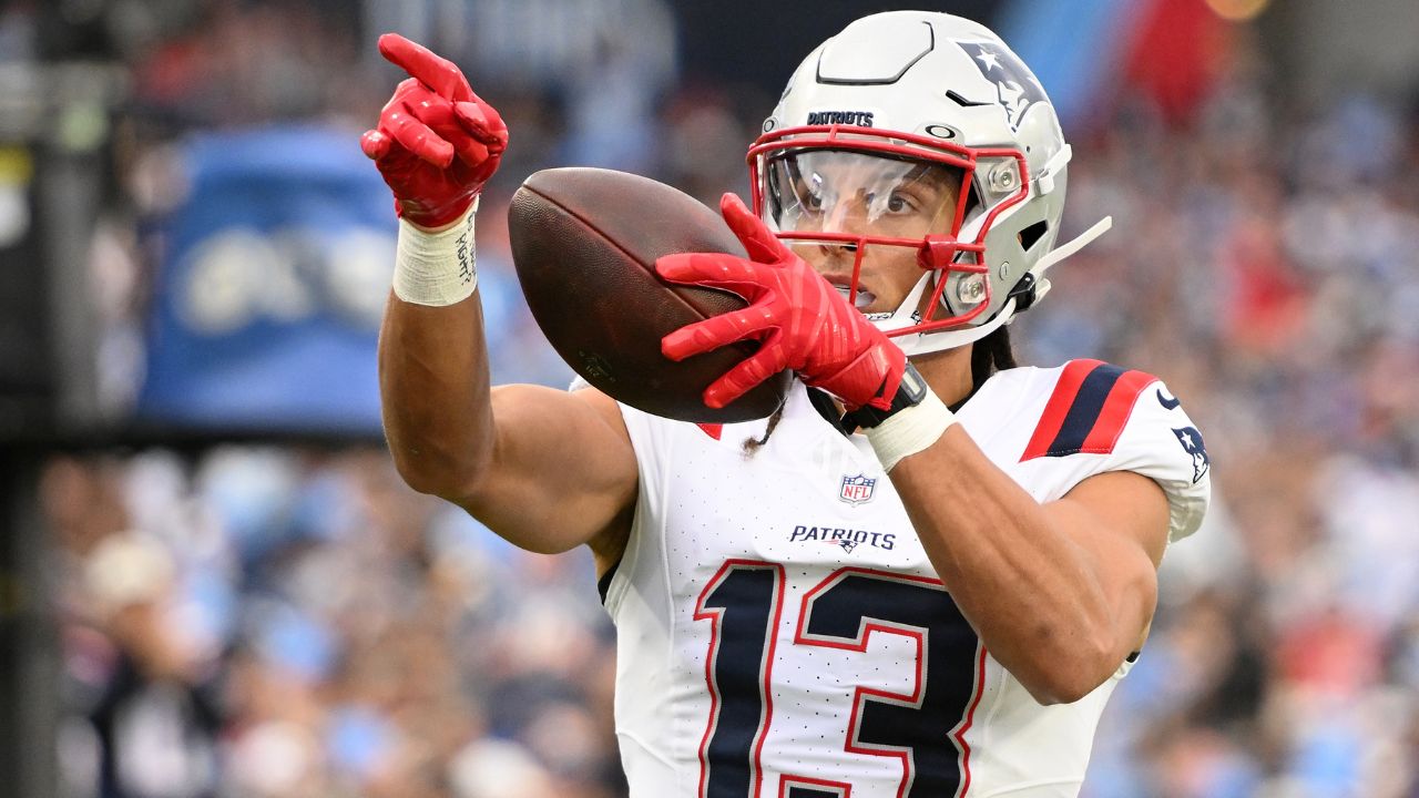 New England Patriots wide receiver Mack Hollins (13) reacts after making a catch against the Tennessee Titans during the first half at Nissan Stadium.