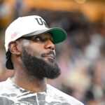 Oct 3, 2025; Palm Desert, California, USA; Lebron James looks on during the first half against the Phoenix Suns at Acrisure Arena