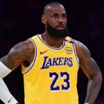 Los Angeles Lakers forward LeBron James (23) reacts during the first half in game five of first round for the 2025 NBA Playoffs at Crypto.com Arena.