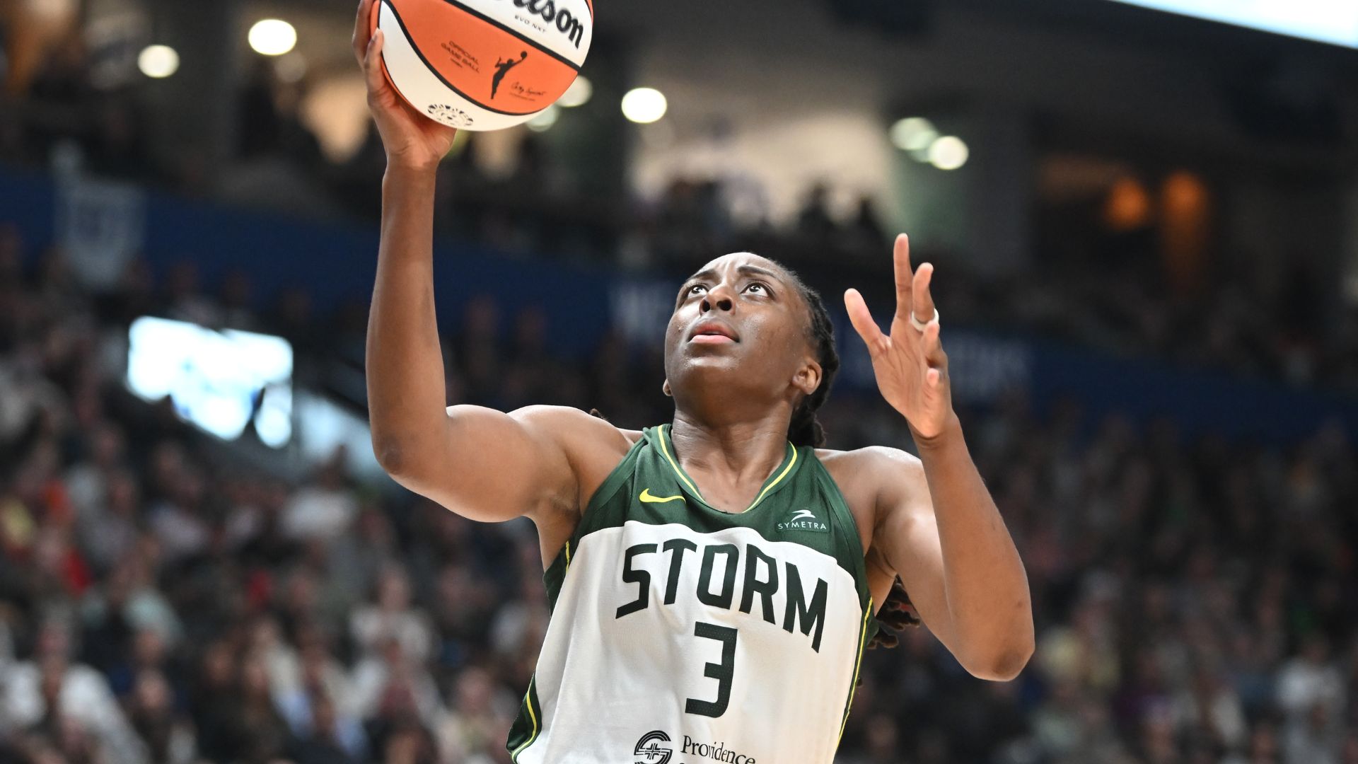Aug 15, 2025; Vancouver, British Columbia, CAN; Seattle Storm forward Nneka Ogwumike (3) drives to the basket against the Atlanta Dream during the second half at Rogers Arena.
