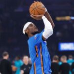 Oct 9, 2025; Oklahoma City, Oklahoma, USA; Oklahoma City Thunder guard Shai Gilgeous-Alexander warms up before the start of a game between the Charlotte Hornets and the Oklahoma City Thunder at Paycom Center.