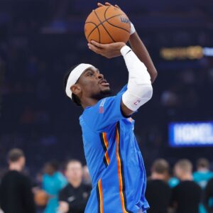 Oct 9, 2025; Oklahoma City, Oklahoma, USA; Oklahoma City Thunder guard Shai Gilgeous-Alexander warms up before the start of a game between the Charlotte Hornets and the Oklahoma City Thunder at Paycom Center.