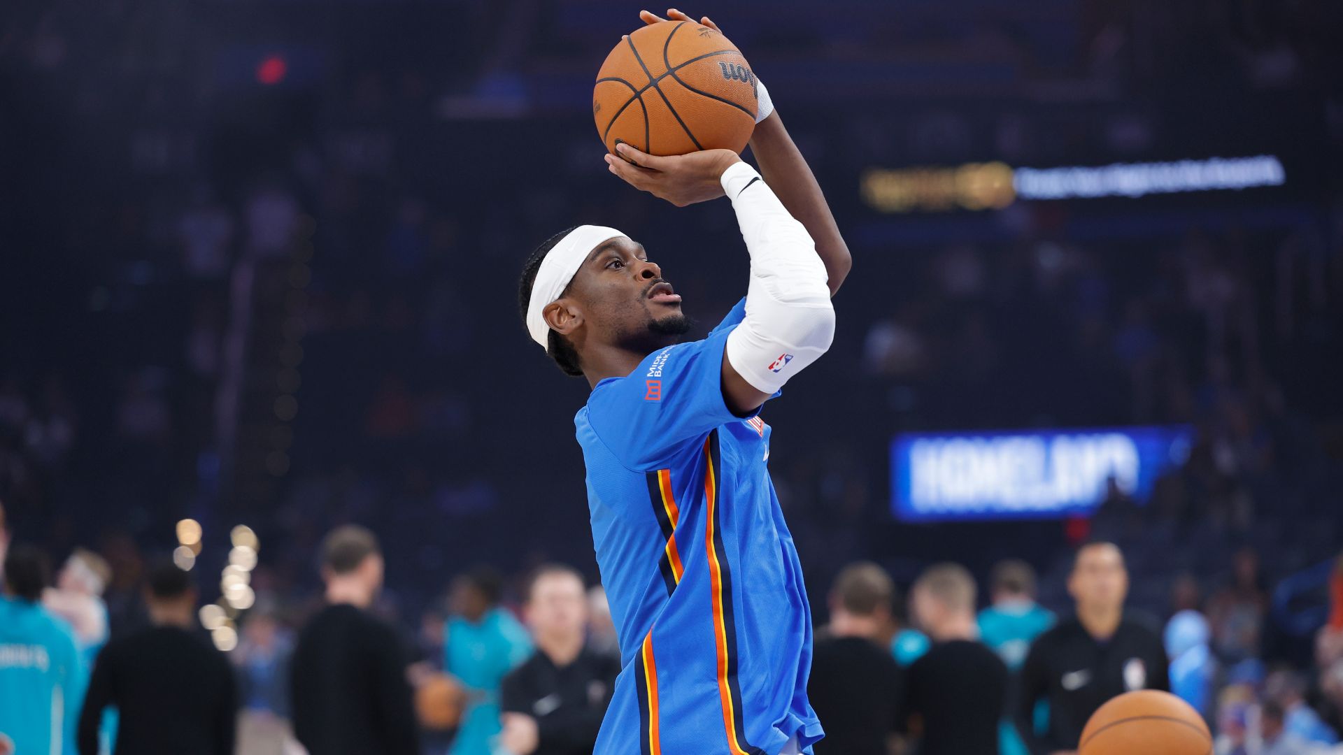 Oct 9, 2025; Oklahoma City, Oklahoma, USA; Oklahoma City Thunder guard Shai Gilgeous-Alexander warms up before the start of a game between the Charlotte Hornets and the Oklahoma City Thunder at Paycom Center.