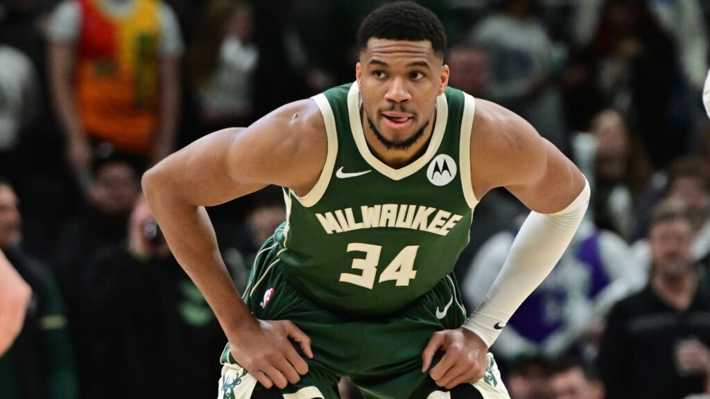 Jan 23, 2025; Milwaukee, Wisconsin, USA; Milwaukee Bucks forward Giannis Antetokounmpo (34) looks on in the first quarter against the Miami Heat at Fiserv Forum
