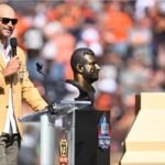 Former Cleveland Browns offensive tackle Joe Thomas speaks during halftime while being enshrined in the Browns Ring of Honor at Cleveland Browns Stadium. The Browns lost to Baltimore.