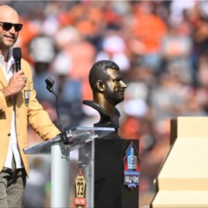 Former Cleveland Browns offensive tackle Joe Thomas speaks during halftime while being enshrined in the Browns Ring of Honor at Cleveland Browns Stadium. The Browns lost to Baltimore.