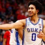 Duke guard JARED MCCAIN (0) reacts to a turnover call during the NCAA, College League, USA Men Basketball Tournament Regional Final game between Duke and NC State on March 31, 2024.