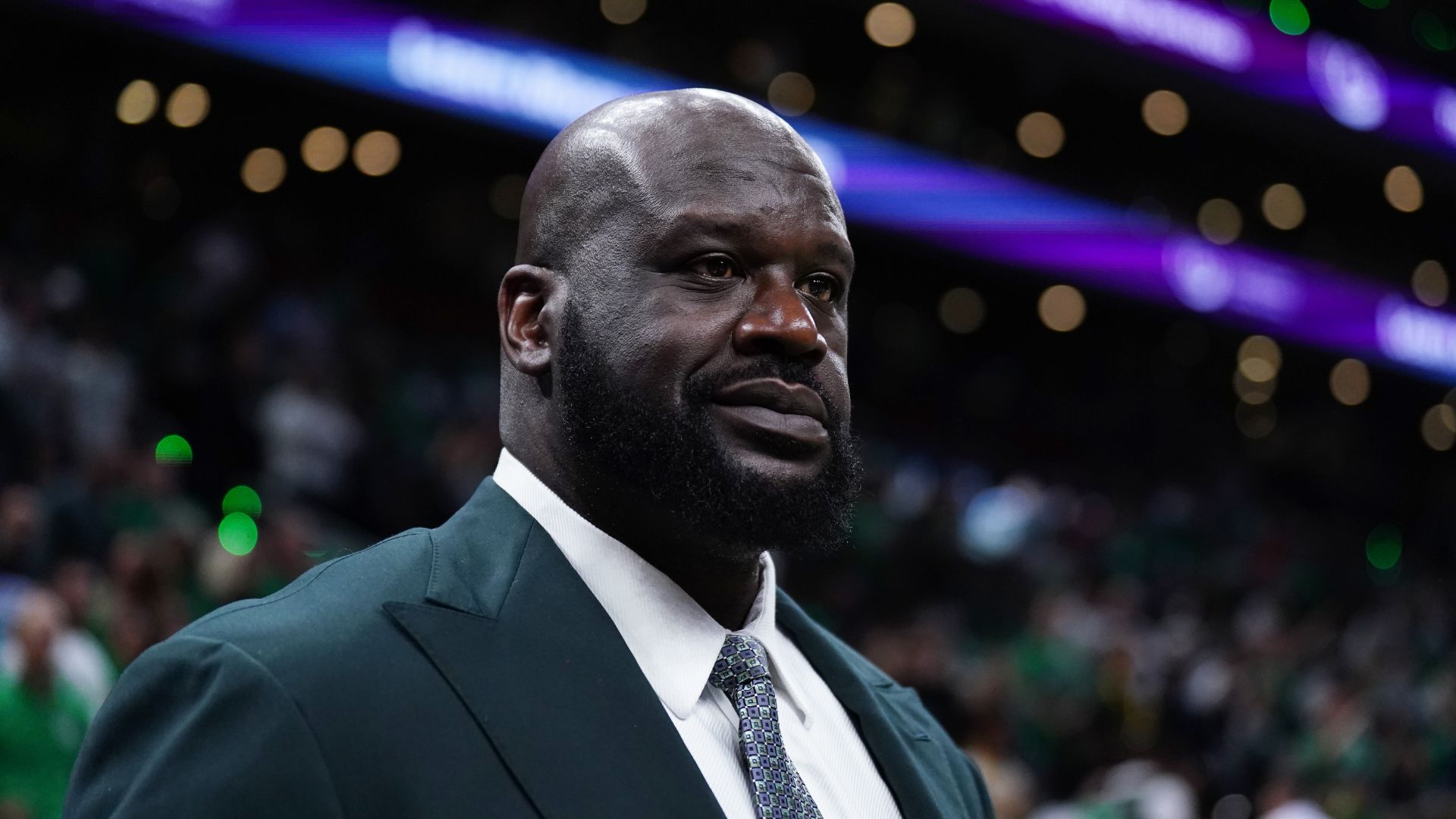 Jun 6, 2024; Boston, Massachusetts, USA; Shaquille O'Neal looks on before the game between the Boston Celtics and the Dallas Mavericks in game one of the 2024 NBA Finals at TD Garden
