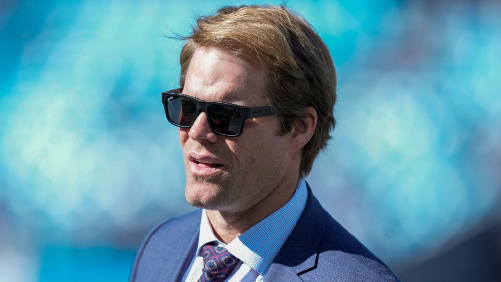 Former Panther and now announcer Greg Olsen during pregame warm ups between the Carolina Panthers and the Dallas Cowboys at Bank of America Stadium.