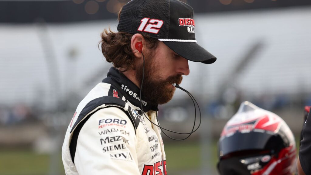 Oct 25, 2025; Martinsville, Virginia, USA; NASCAR Cup Series driver Ryan Blaney (12) before NASCAR Cup Series Xfinity 500 Qualifying at Martinsville Speedway.