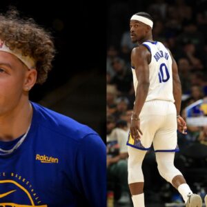 Brandin Podziemski (L), Jimmy Butler, Stephen Curry (R)