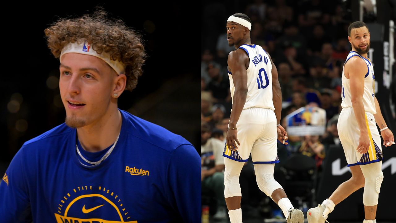 Brandin Podziemski (L), Jimmy Butler, Stephen Curry (R)