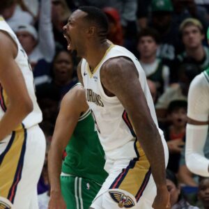 Oct 27, 2025; New Orleans, Louisiana, USA; New Orleans Pelicans center DeAndre Jordan (9) reacts after a dunk against the Boston Celtics during the first half at Smoothie King Center