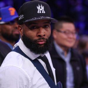 Apr 6, 2025; New York, New York, USA; NFL wide receiver Odell Beckham Jr. sits courtside during the second half of the NBA game between the New York Knicks and the Phoenix Suns at Madison Square Garden.