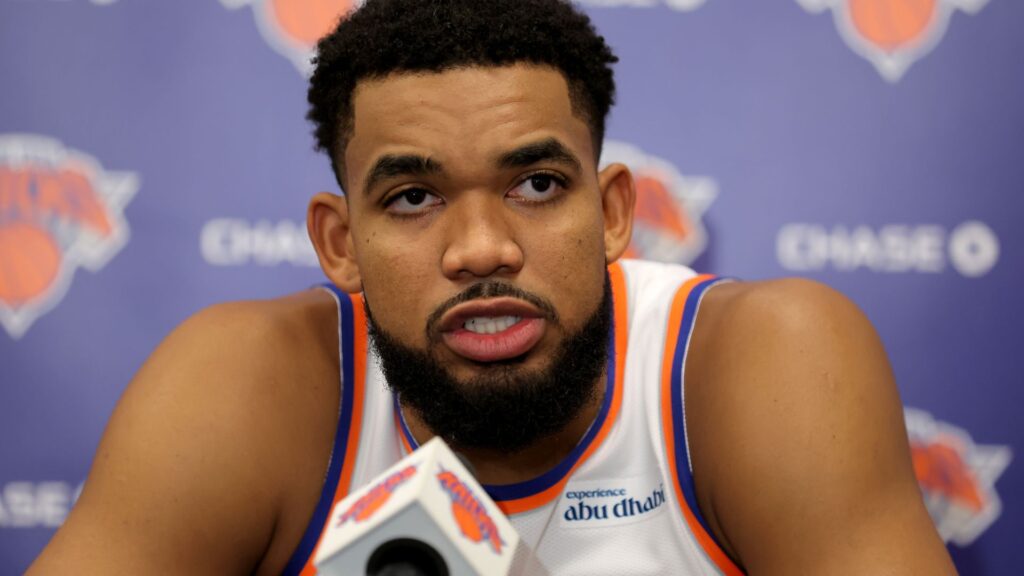 Sep 23, 2025; New York, NY, USA; New York Knicks center Karl-Anthony Towns speaks to the media during a media day press conference at the Madison Square Garden training center