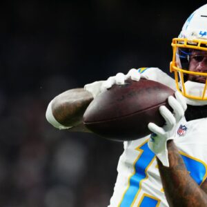 Los Angeles Chargers wide receiver Keenan Allen (13) warms up before the game against the Las Vegas Raiders at Allegiant Stadium.