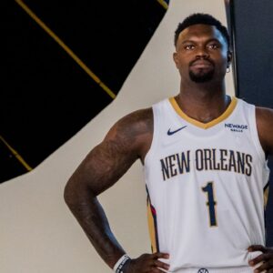 New Orleans Pelicans forward Zion Williamson (1) poses during media day at Ochsner Sports Performance Center.
