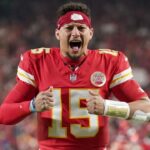 Kansas City Chiefs quarterback Patrick Mahomes (15) reacts prior to the game against the Washington Commanders at GEHA Field at Arrowhead Stadium.